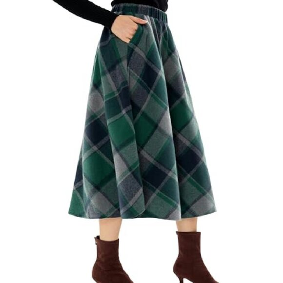 Women's Long Plaid Wool Skirt High Waisted A-Line Pleated with Pockets - Picture 2 of 8